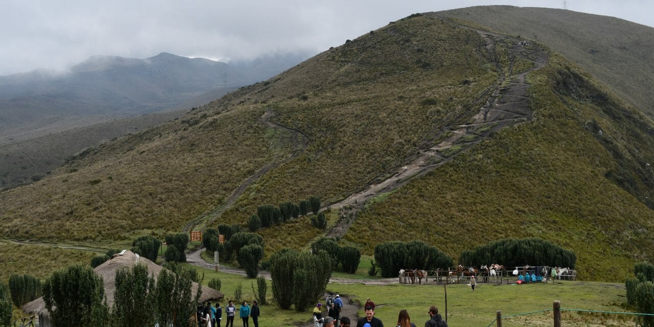 Quito TeleferiQo Trail- View of Food tent, horses, and path up mountain