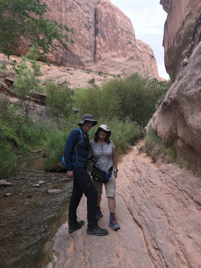 Sandy and Ira Bornstein hiking along Grandstaff Canyon Trail in Moab, Utah